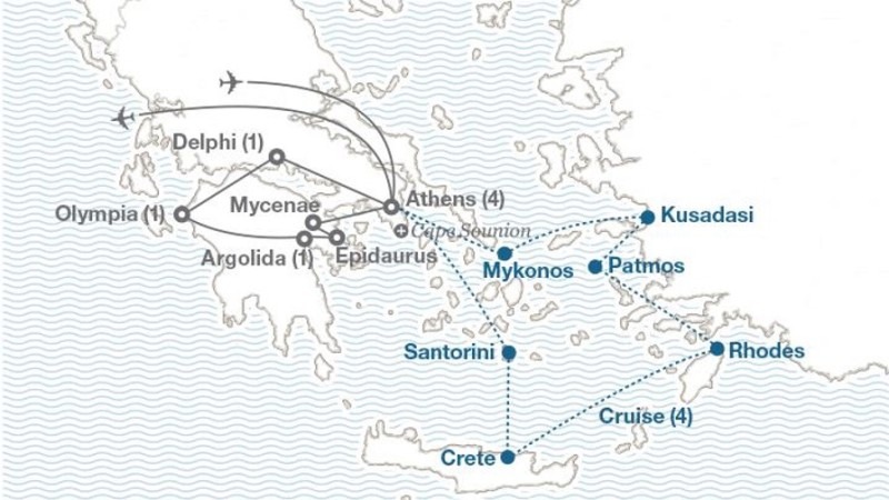 Map of Greece including cities and order of the trip.