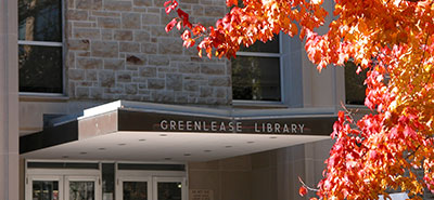 Greenlease Library entrance in the fall