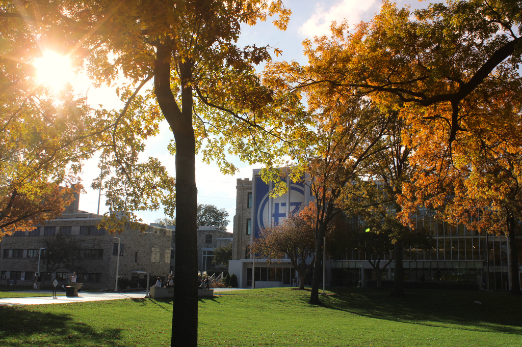 Sedgwick Hall through colored leaves in the fall