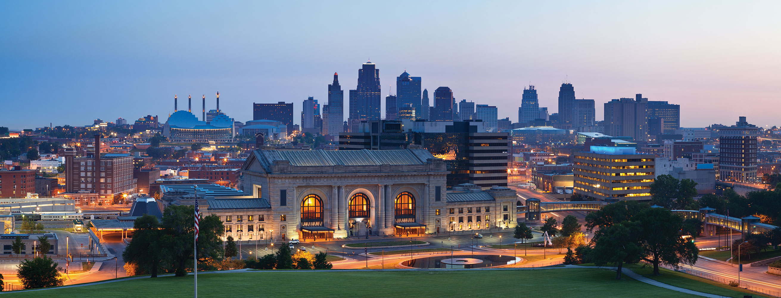 The Kansas City skyline and Union Station at dusk.