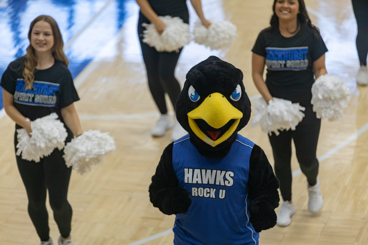 Rock E. Hawk walks across the basketball court followed by members of the Spirit Squad holding pom-poms