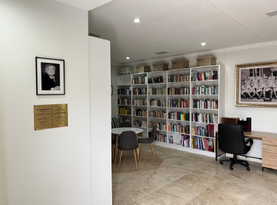 Bookshelves and a portrait are seen at the new Marcel Institute at the Catholic Institute of Sydney, Australia