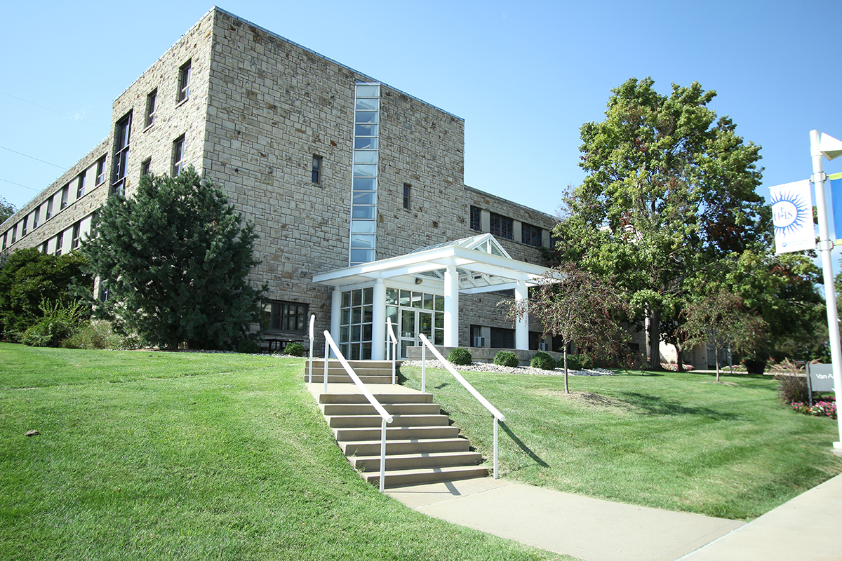 The east side of Van Ackeren Hall, showing the entrance and steps