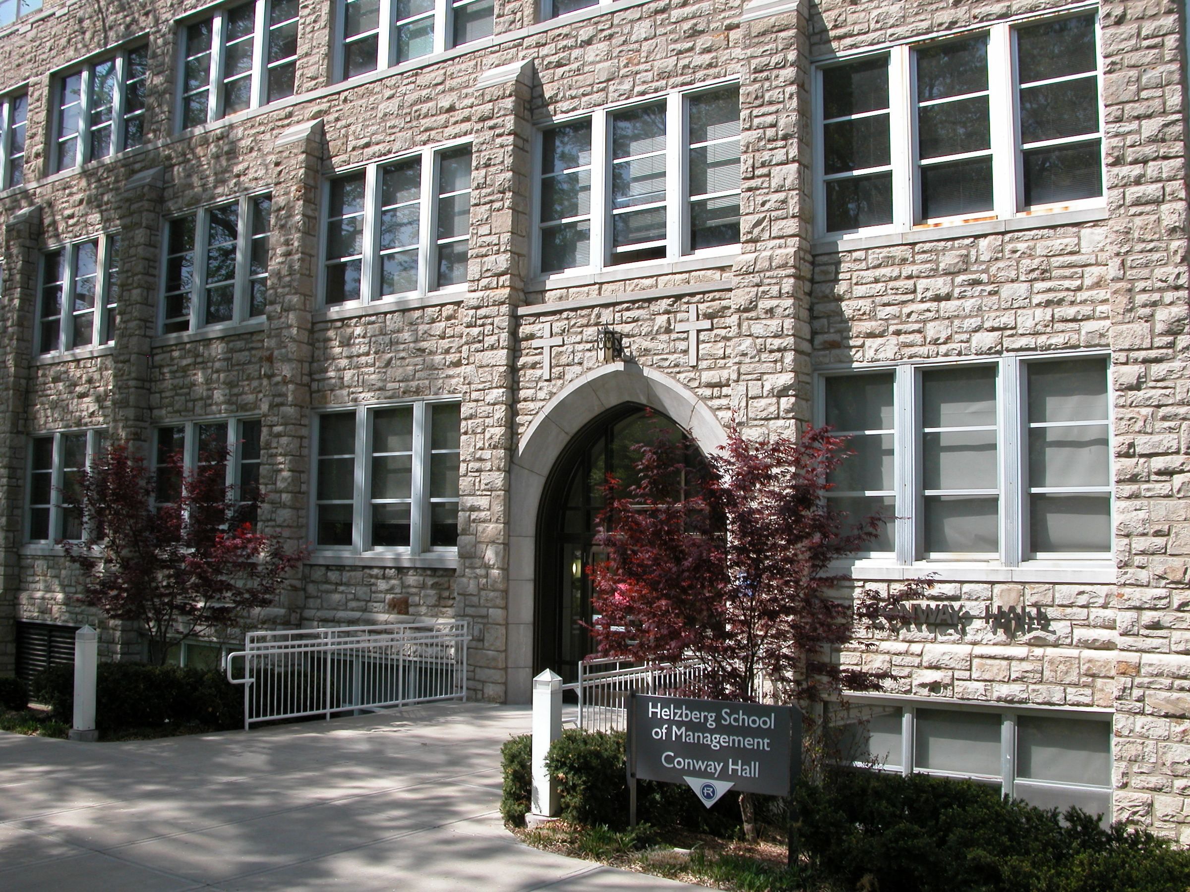 A back view of Conway Hall entrance in the fall. 