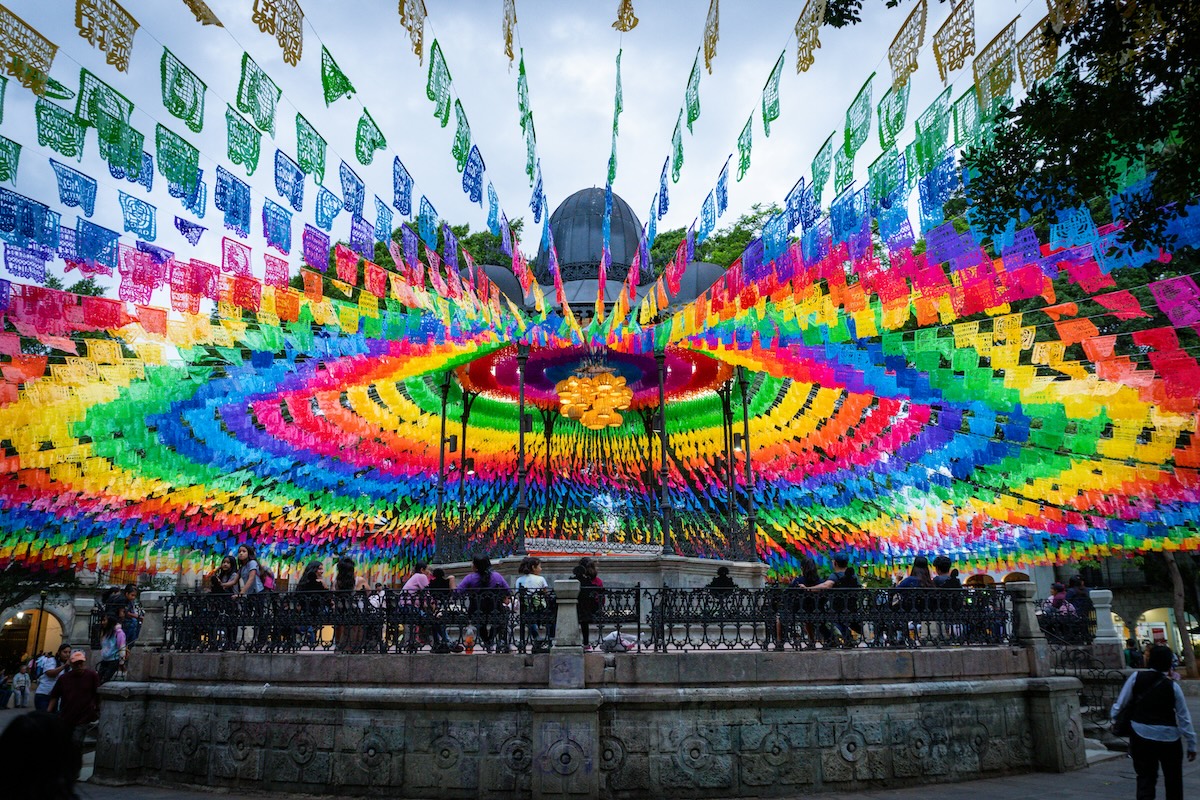 Colorful flags in a circle in Oaxaca, Mexico