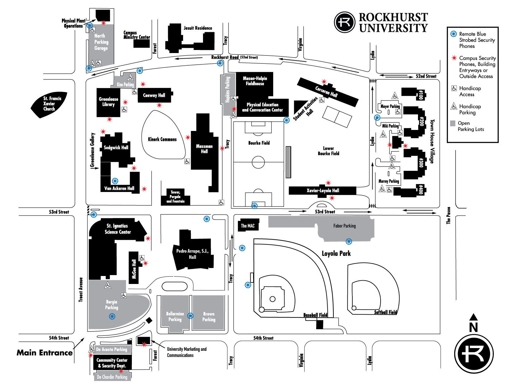 Security map of the Rockhurst University campus, showing security phones. 