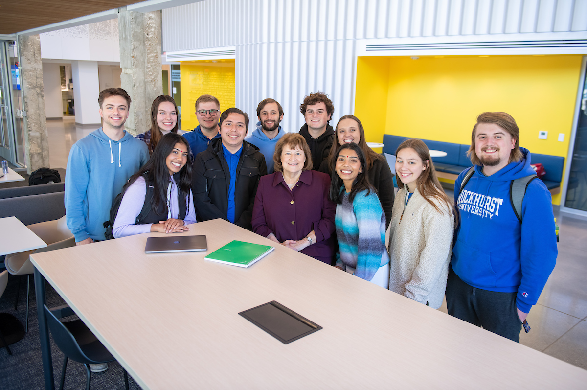 Rockhurst University President Sandra Cassady surrounded by students