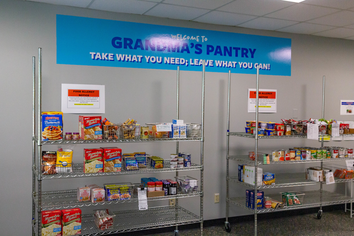 Non-perishable goods lined on silver shelves in Grandma's Pantry