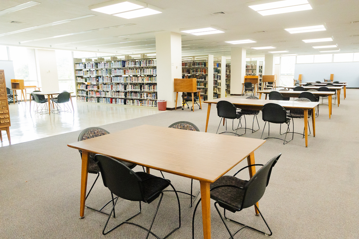 Library tables and bookshelves