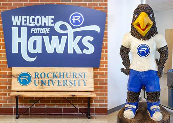 Wooden bench saying Rockhurst University with sign saying Welcome Future Hawks; Wooden statue of Rock E. Hawk mascot