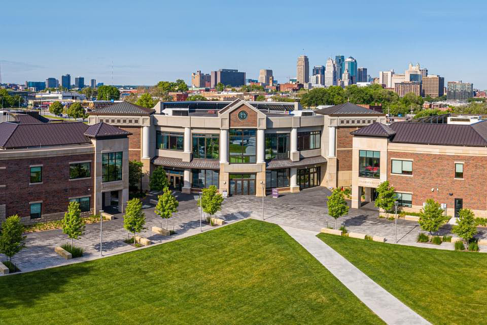 KCU campus aerial photo with downtown Kansas City in the background