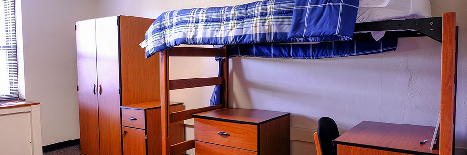 A bed sits up high with a desk under it and a large chest next to a window