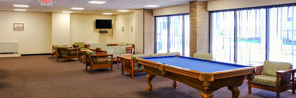 McGee Hall lobby and rec room (pool table, seating areas) 