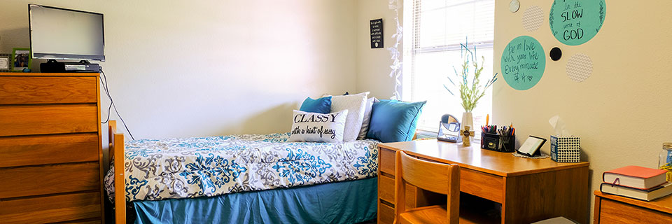 A bed sits next to a desk and a dresser with a tv on top 