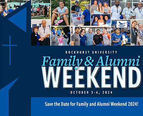 Postcard inviting alumni to Family and Alumni Weekend 2024. Shows series of event photos. 